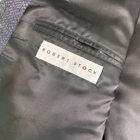 Robert Stock Blazer Mens 44L Navy Blue 100% Wool Herringbone Twill Sport Coat - Picture 5 of 12